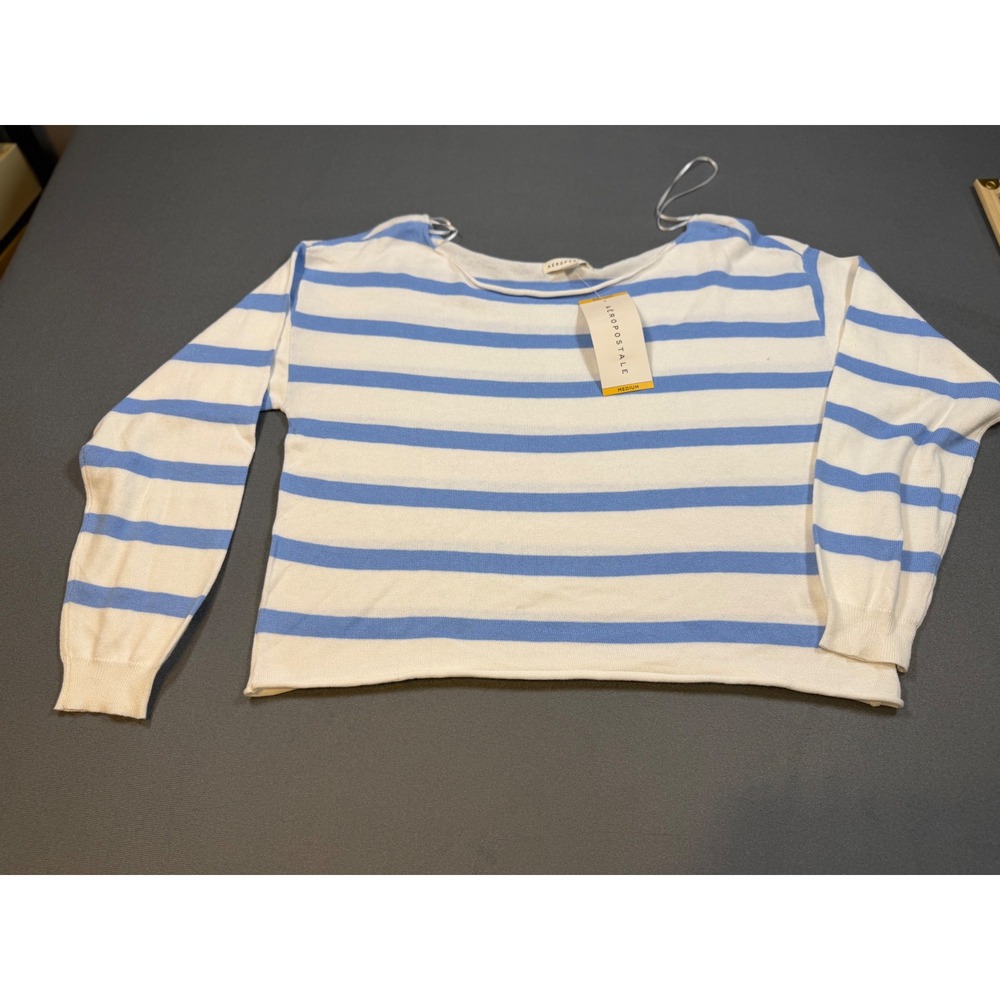 Aeropostale Women's Blue White Striped Off The Shoulder Cotton Sweater M NWT